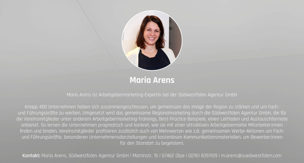 Maria Arens, Unternehmensbetreuung/Arbeitgebermarketing, Regionalmarketing, Südwestfalen Agentur GmbH